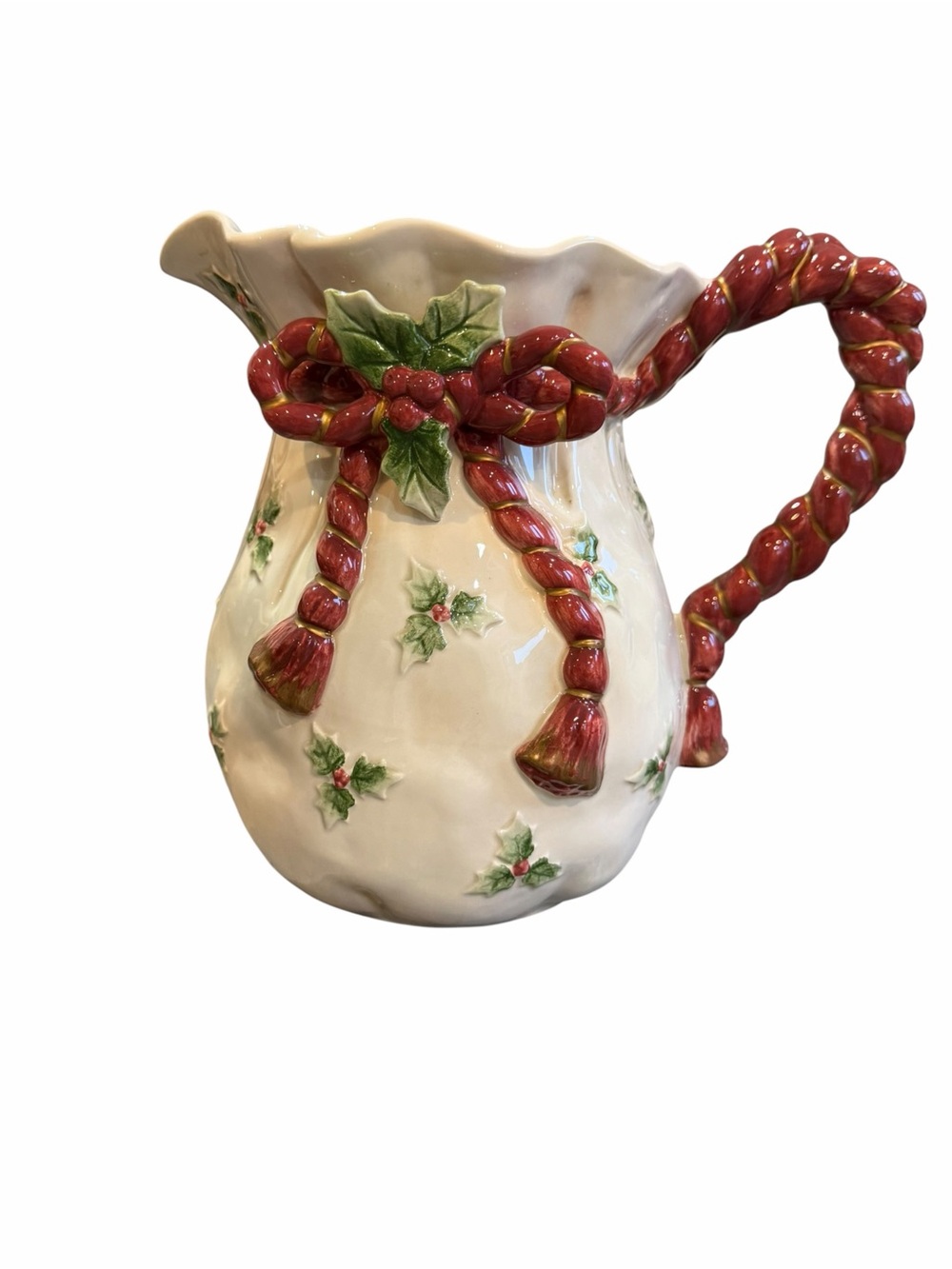 Vintage 1990 Fitz & Floyd Old World Christmas Holly Santa Bag Pitcher